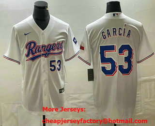 Men's Texas Rangers #53 Adolis Garcia Number White Team Logo Cool Base Jersey 02