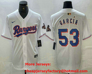 Men's Texas Rangers #53 Adolis Garcia White 2023 World Series Champions Cool Base Jersey 11