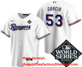 Men's Texas Rangers #53 Adolis Garcia White 2023 World Series Cool Base Jersey