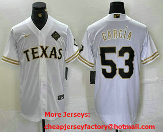 Men's Texas Rangers #53 Adolis Garcia White Gold Cool Base Stitched Baseball Jersey