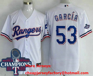 Men's Texas Rangers #53 Adolis Garcia White Team Logo 2023 World Series Champions Cool Base Jersey