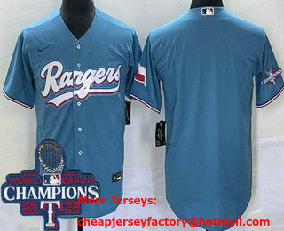 Men's Texas Rangers Blank Lgith Blue Team Logo 2023 World Series Champions Cool Base Jersey