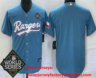 Men's Texas Rangers Blank Lgith Blue Team Logo 2023 World Series Cool Base Jersey