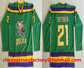 Men's The Movie The Mighty Ducks #21 Portman Green Stitched Ice Hockey Jersey