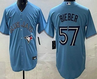 Men's Toronto Blue Jays #57 Shane Bieber Light Blue Cool Base Jersey