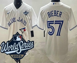 Men's Toronto Blue Jays #57 Shane Bieber White 2025 World Series Cool Base Jersey