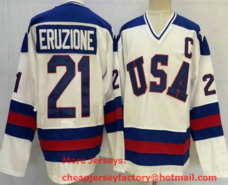 Men's USA #21 Mike Eruzione White 1980 Olympics Stitched Jersey