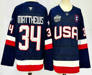 Men's USA #34 Auston Matthews Navy 2025 4 Nations Face Off Stitched Jersey