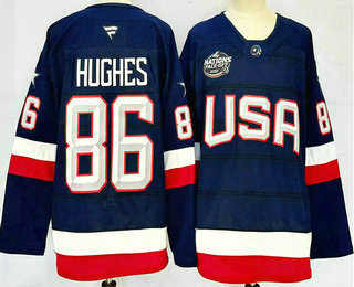 Men's USA #86 Jack Hughes Navy 2025 4 Nations Face Off Stitched Jersey