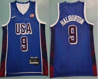 Men's USA #9 Tyrese Haliburton Blue 2024 Olympics Stitched Jersey