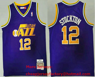Men's Utah Jazz #12 John Stockton Purple 1991-92 Hardwood Classics Soul Swingman Throwback Jersey
