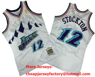 Men's Utah Jazz #12 John Stockton Mountain White 1996-97 Hardwood Classics Soul Swingman Throwback Jersey