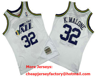 Men's Utah Jazz #32 Karl Malone White 1991-92 Hardwood Classics Soul Swingman Throwback Jersey 01