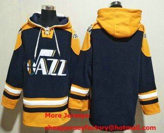 Men's Utah Jazz Blank Navy Yellow Lace Up Pullover Hoodie