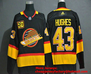 Men's Vancouver Canucks #43 Quinn Hughes Black 50th Season Adidas Stitched NHL Jersey