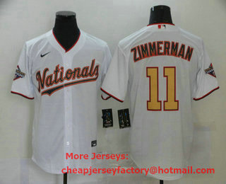 Men's Washington Nationals #11 Ryan Zimmerman White Gold 2019 World Series Champions Stitched MLB Cool Base Nike Jersey