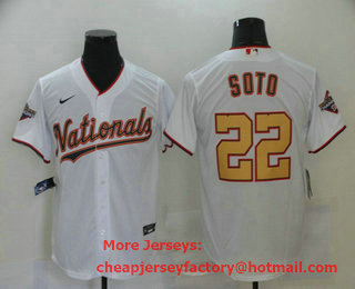 Men's Washington Nationals #22 Juan Soto White Gold 2019 World Series Champions Stitched MLB Cool Base Nike Jersey