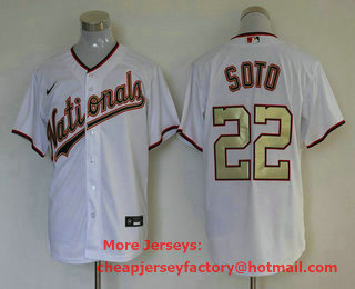 Men's Washington Nationals #22 Juan Soto White Gold Stitched MLB Cool Base Nike Jersey