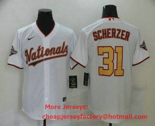 Men's Washington Nationals #31 Max Scherzer White Gold 2019 World Series Champions Stitched MLB Cool Base Nike Jersey