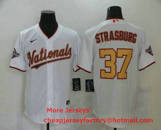Men's Washington Nationals #37 Stephen Strasburg White Gold 2019 World Series Champions Stitched MLB Cool Base Nike Jersey