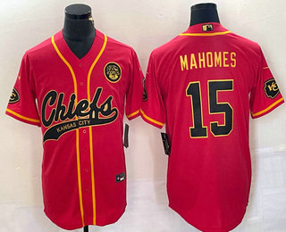 Men’s Kansas City Chiefs #15 Patrick Mahomes Red Gold Cool Base Stitched Baseball Jersey