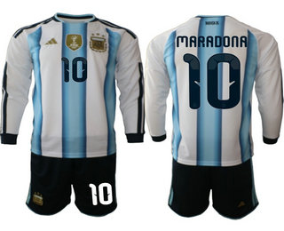 Mens Argentina National Team #10 Diego Maradona 2026 World Cup Soccer Home White Long Sleeve Jersey Suit