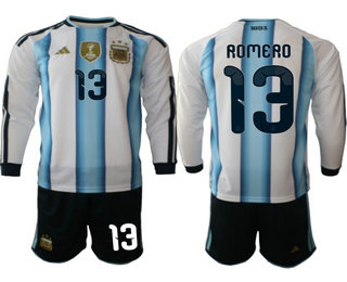 Mens Argentina National Team #13 Cristian Romero Home White 2026 World Cup Soccer Long Sleeve Jersey Suit