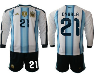 Mens Argentina National Team #21 Paulo Dybala 2026 World Cup Soccer Home White Long Sleeve Jersey Suit