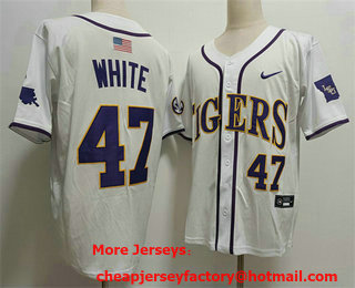 Mens LSU Tigers #47 Tommy White 2024 White Baseball Stitched Jersey
