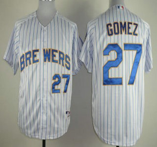 Milwaukee Brewers 27 Carlos Gomez White Pinstripe Jersey