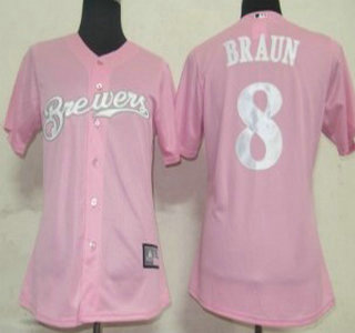 Milwaukee Brewers #8 Braun Pink With White Womens Jersey