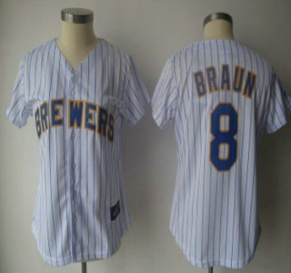 Milwaukee Brewers #8 Braun White With Blue Womens Jersey
