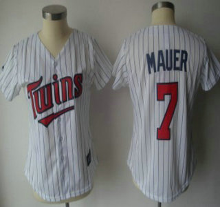 Minnesota Twins #7 Mauer White With Black Pinstripe Womens Jersey