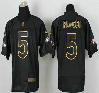 Nike Baltimore Ravens #5 Joe Flacco 2014 All Black With Gold Elite Jersey