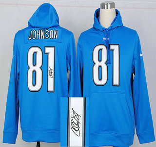 Nike Detroit Lions #81 Calvin Johnson Blue Signed Hoody