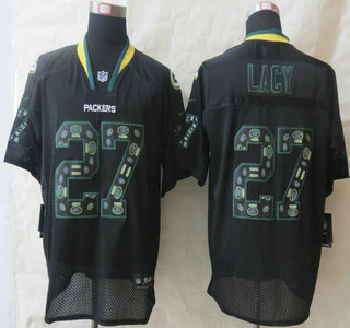 Nike Green Bay Packers #27 Eddie Lacy Lights Out Black Ornamented Elite Jersey