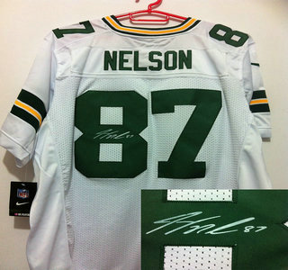 Nike Green Bay Packers 87 Jordy Nelson White Signed Elite Jerseys