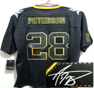 Nike Minnesota Vikings #28 Adrian Peterson Black Lights Out Signed Elite Jersey