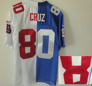 Nike New York Giants #80 Victor Cruz Blue and White Split Signed Jersey