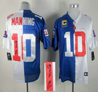 Nike New York Giants 10 Eli Manning Blue and White Split Elite Signed Jerseys