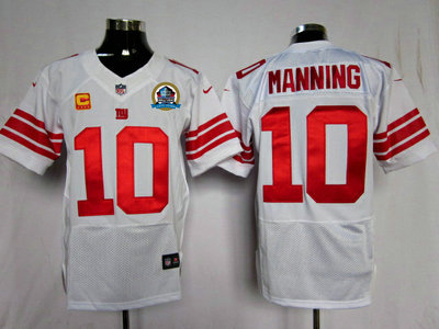 Nike New York Giants 10 Eli Manning White C and Hall of Fame's 50TH Patch Elite Jersey