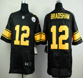 Nike Pittsburgh Steelers #12 Terry Bradshaw Black With Yellow Elite Jersey