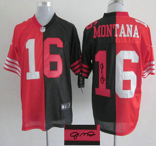Nike San Francisco 49ers #16 Joe Montana Red and Black Split Elite Signed Jersey