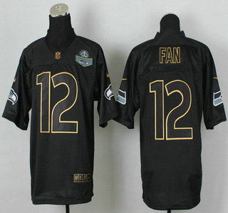 Nike Seattle Seahawks #12 Fan 2014 All Black With Gold With Champions Patch Elite Jersey