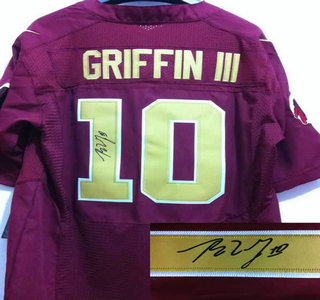 Nike Washington Redskins #10 Robert Griffin III Red With Gold Signed Elite Jersey
