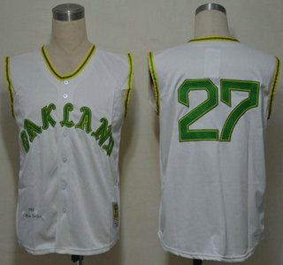 Oakland Athletics 27 Catfish Hunter White 1968 Throwback Vest Jerseys
