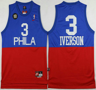 Men's Philadelphia 76ers #3 Allen Iverson Blue With Red 10th Patch Hardwood Classics Soul Swingman Jersey
