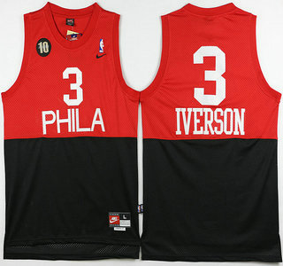 Men's Philadelphia 76ers #3 Allen Iverson Red With Black 10th Patch Hardwood Classics Soul Swingman Jersey