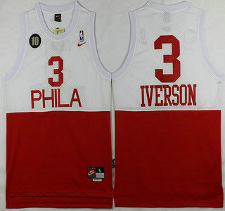 Men's Philadelphia 76ers #3 Allen Iverson White With Red 10th Patch Hardwood Classics Soul Swingman Jersey