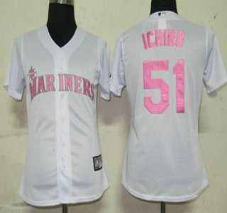 Seattle Mariners #51 Ichiro White With Pink Womens Jersey